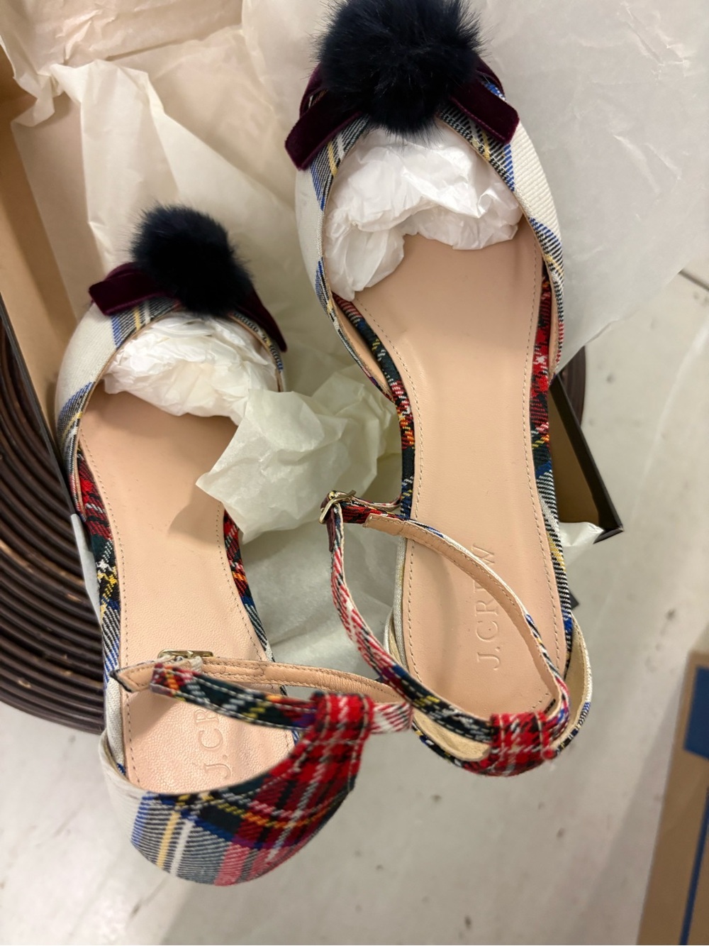 J. Crew Sadie Ankle Pom-Pom Flats in Tartan. Size 9.5. Like New.